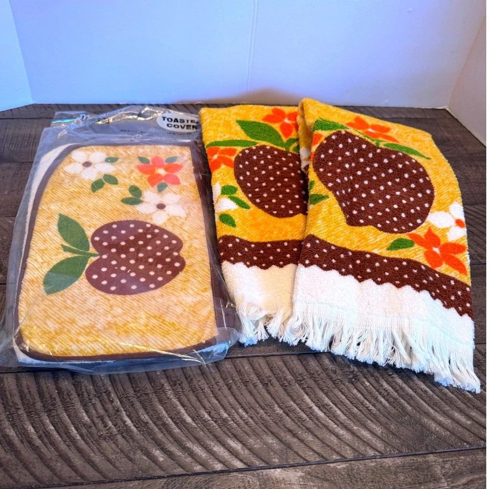 Match Mates Sun Glo Toaster Cover Kitchen Towels Set Floral Apple Retro MCM  New